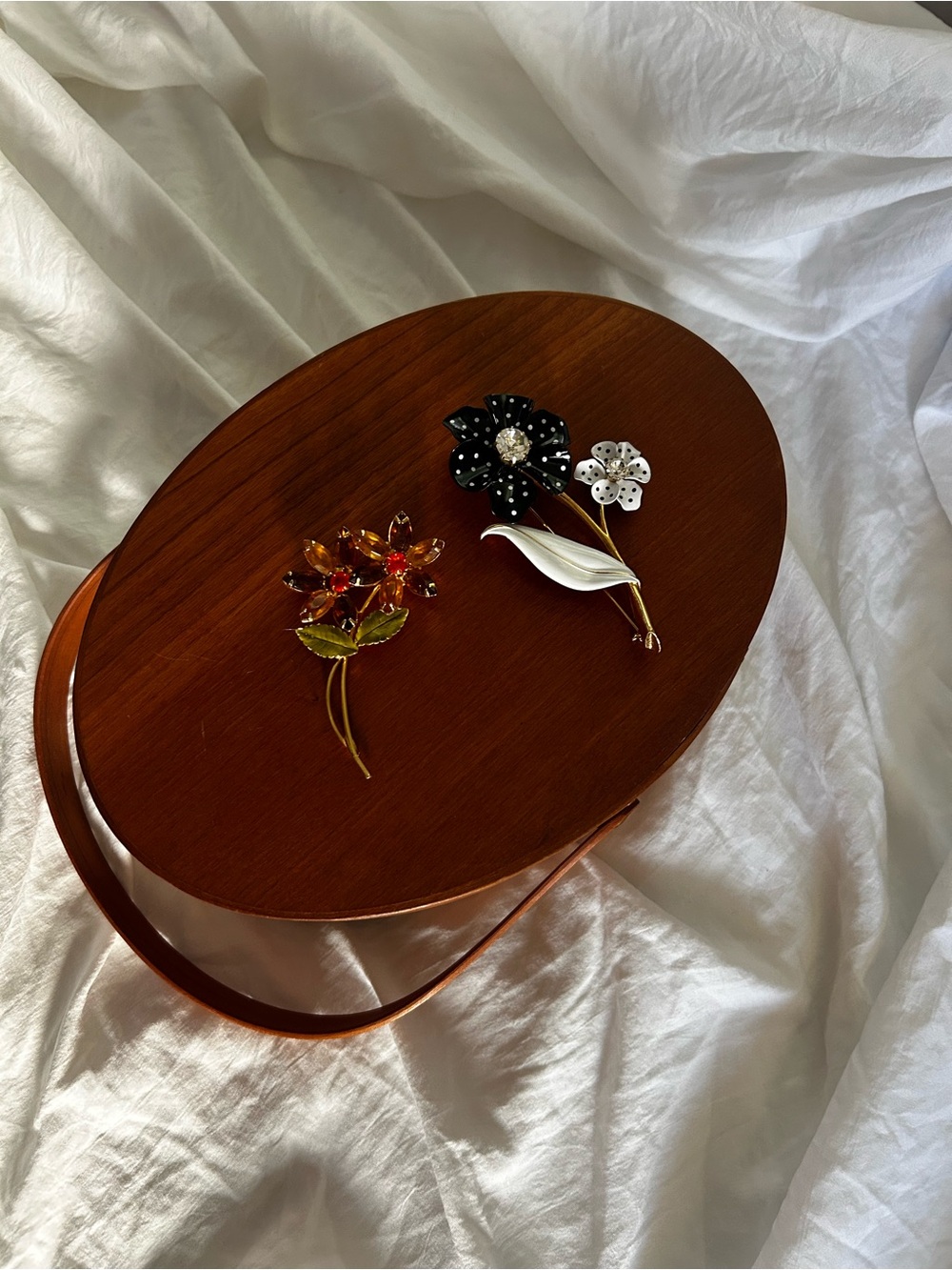 Avon Floral Brooch Duo — Black, Amber & Green Accents